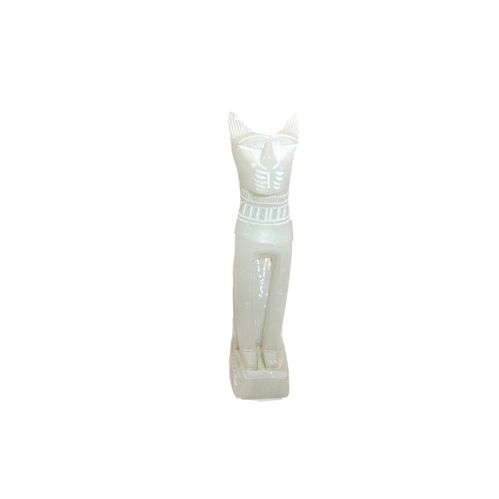 Vintage Egyptian Style Cat Statue Figurine White Heavy Stone Carved 5 1/2 inches
